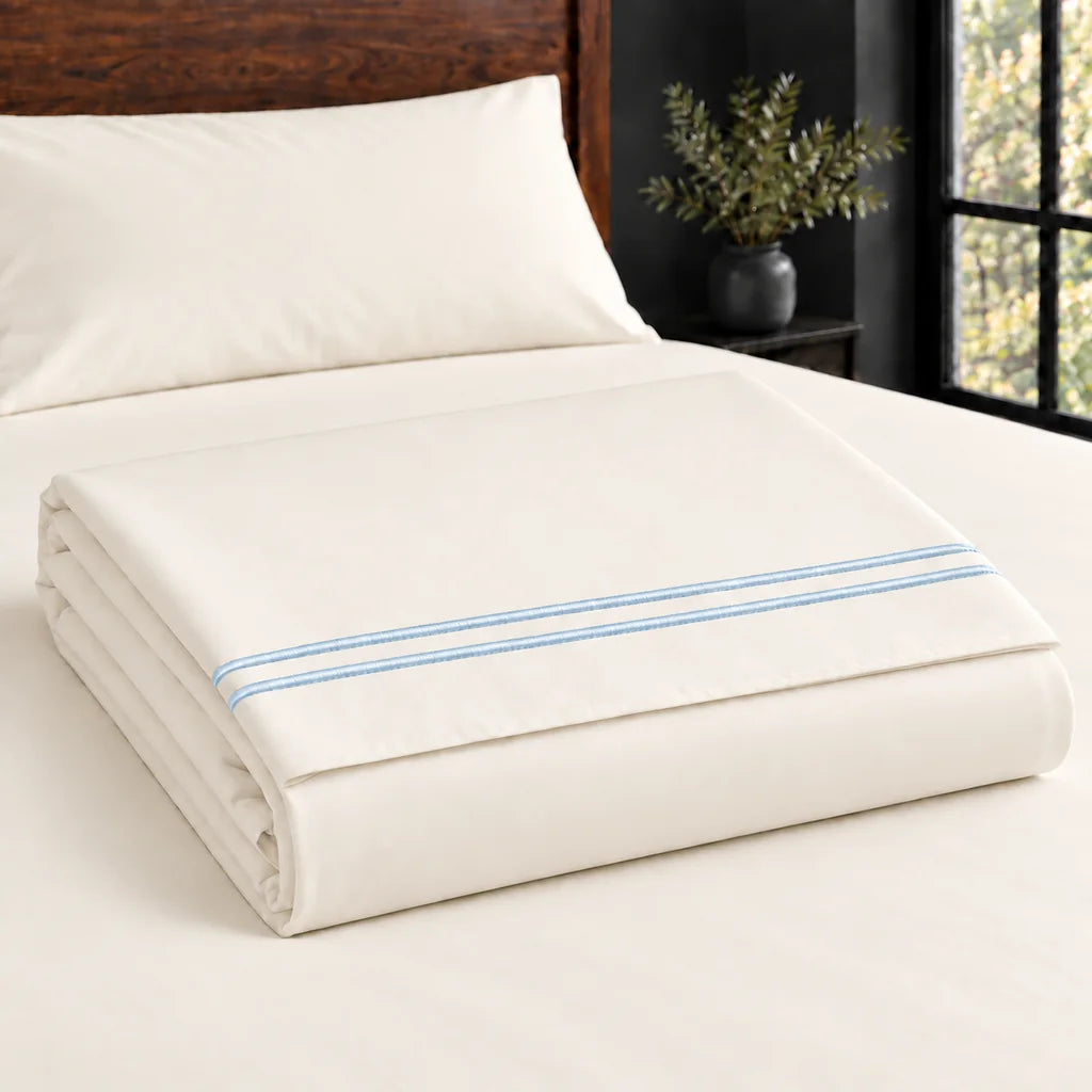 cream polycotton percale 200tc flat sheet, two row duck egg satin stitch — construction — Linen and Co