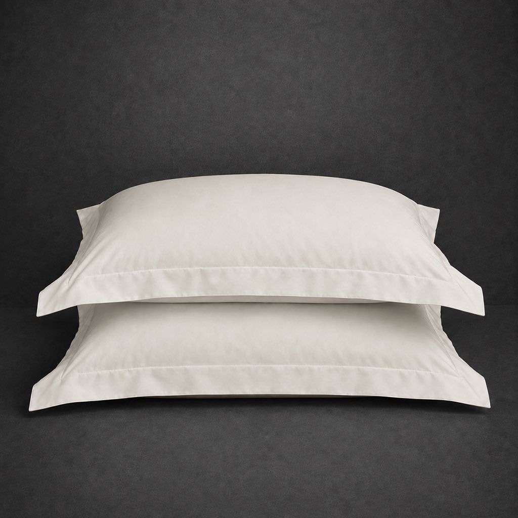 Cream 100% cotton percale 200TC Oxford pillow case, Standard and King, no satin stitch — stacked pair view.