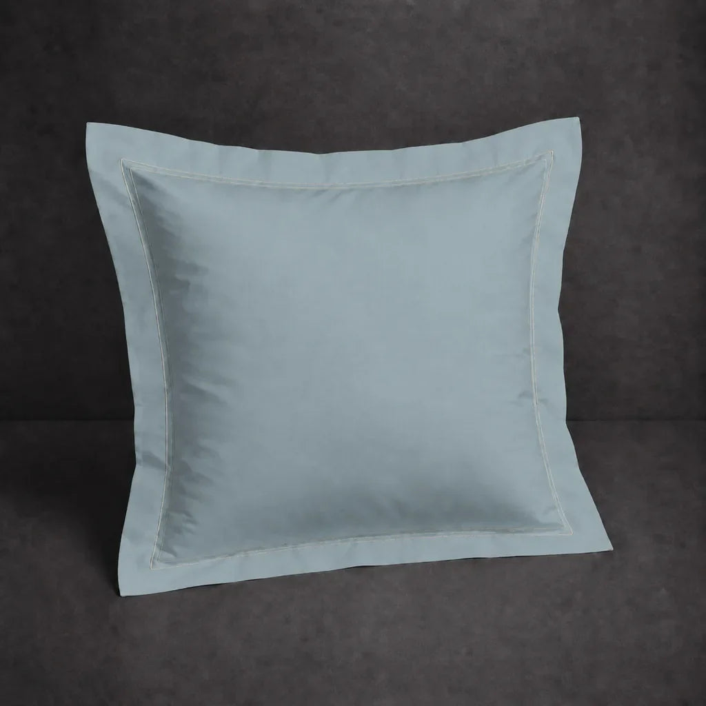 Duck Egg 100% cotton percale 200TC Oxford pillow case, Continental, natural cream two row satin stitch — front view.