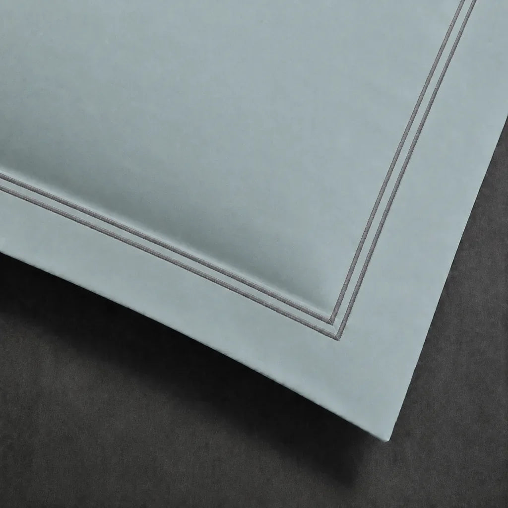 Duck Egg 100% cotton percale 200TC Oxford pillow case, Standard and King, grey two row satin stitch — close-up detail.