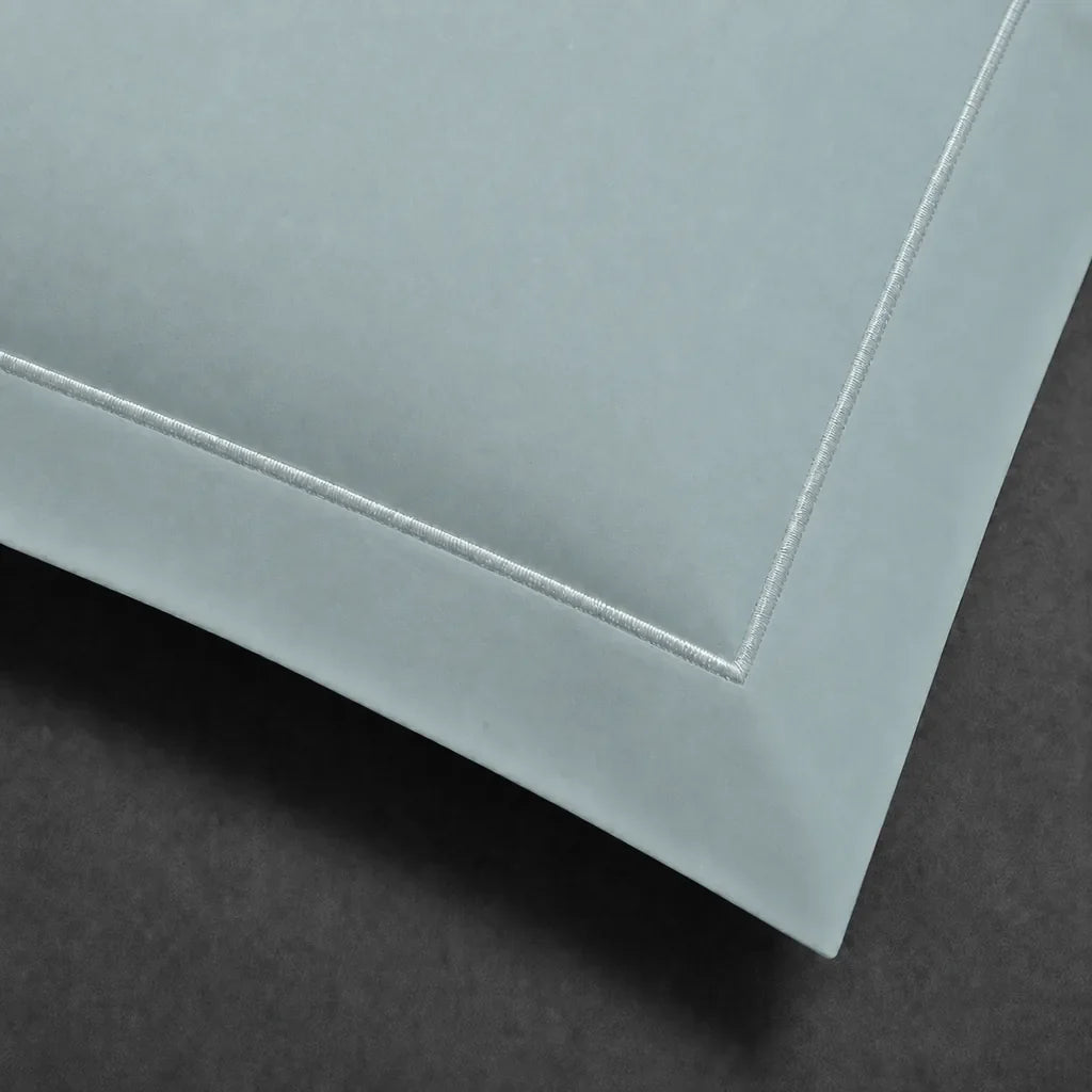 Duck Egg 100% cotton percale 200TC Oxford pillow case, Standard and King, natural cream one row satin stitch — close-up detail.