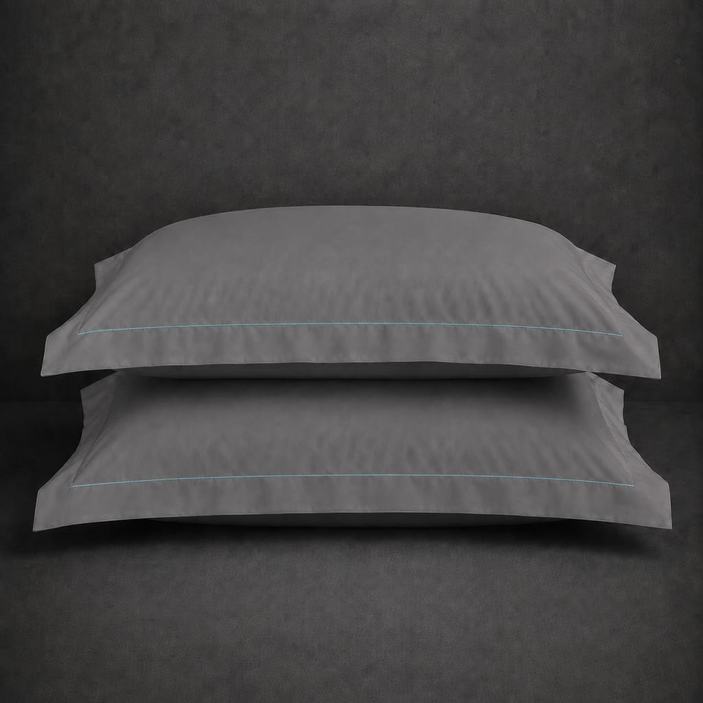 Grey 100% cotton percale 200TC Oxford pillow case, Standard and King, Duck Egg one row satin stitch — stacked pair view.