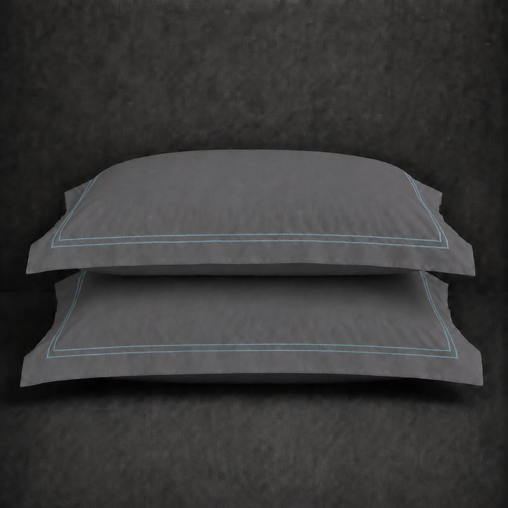Grey 100% cotton percale 200TC Oxford pillow case, Standard and King, Duck Egg two row satin stitch — stacked pair view.