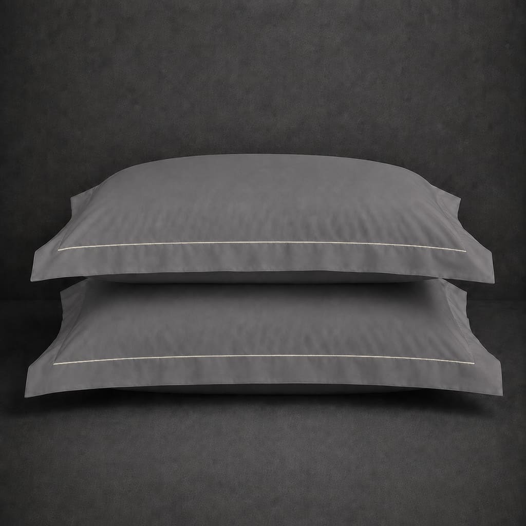 Grey 100% cotton percale 200TC Oxford pillow case, Standard and King, Natural Cream one row satin stitch — stacked pair view.