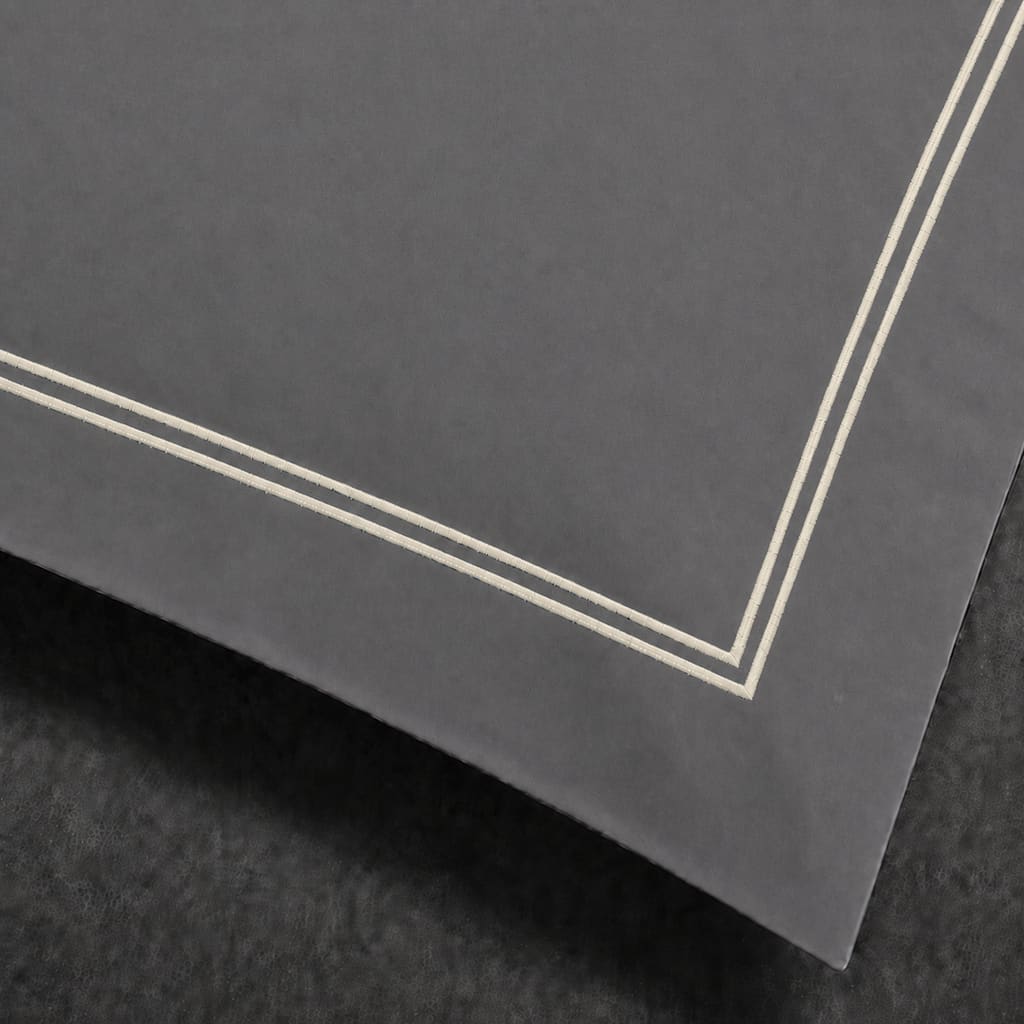 Grey 100% cotton percale 200TC Oxford pillow case, Standard and King, Natural Cream two row satin stitch — close-up detail.