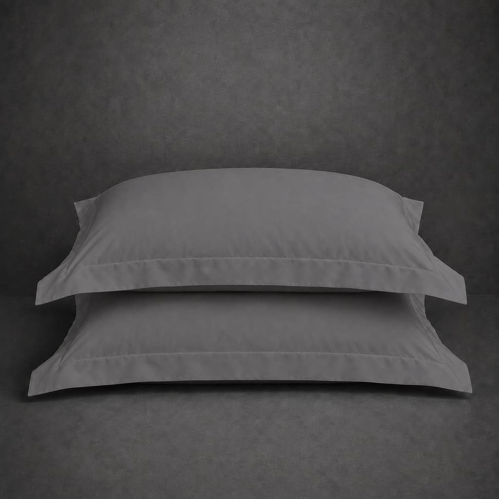 Grey 100% cotton percale 200TC Oxford pillow case, Standard and King, no satin stitch — stacked pair view.