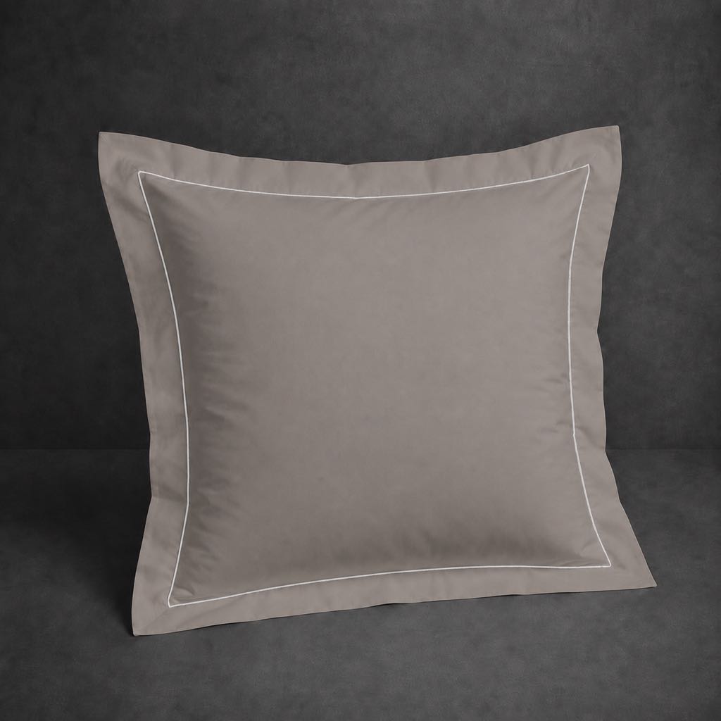 Stone 100% cotton percale 200TC Oxford pillow case, Continental, white one row satin stitch — front view.