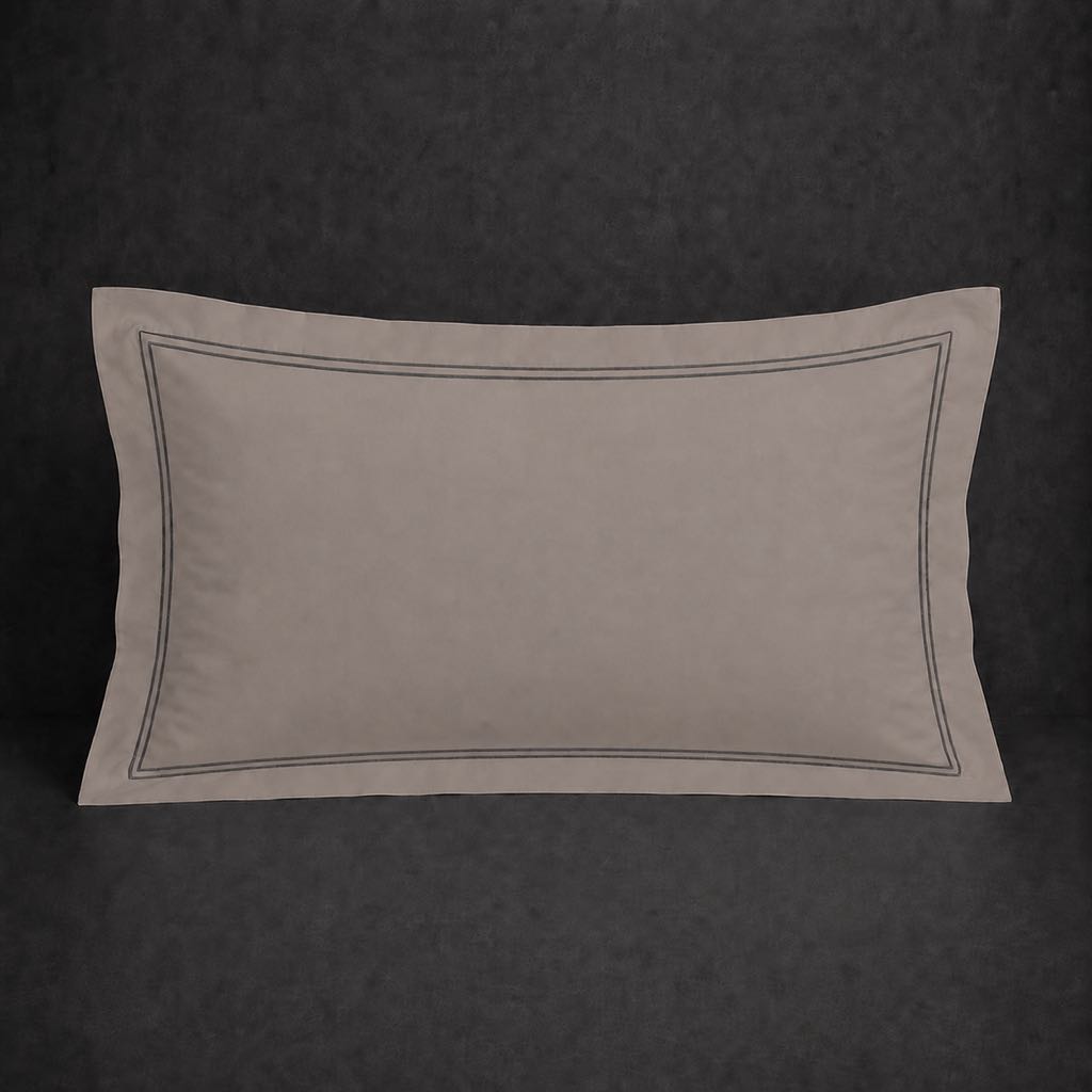Stone 100% cotton percale 200TC Oxford pillow case, Standard and King, grey two row satin stitch — front view.