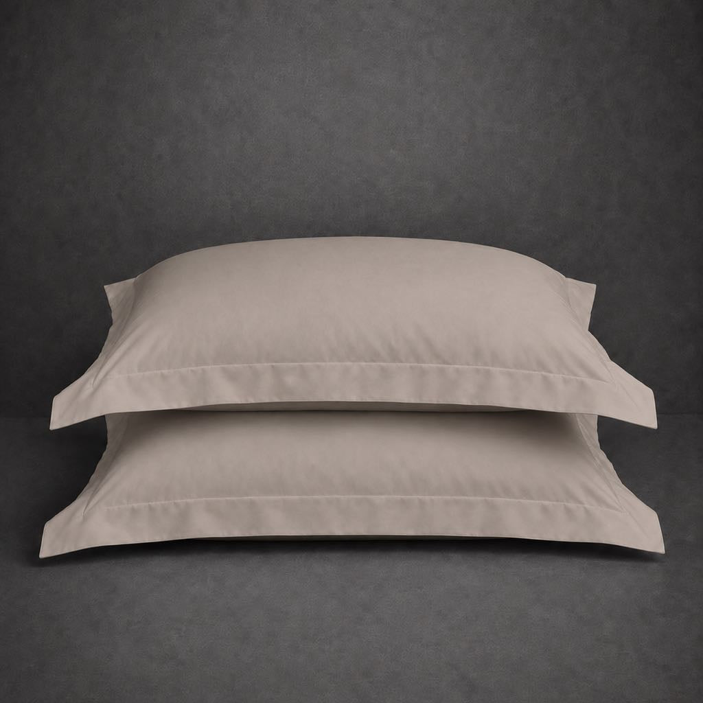 Stone 100% cotton percale 200TC Oxford pillow case, Standard and King, no satin stitch — stacked pair view.