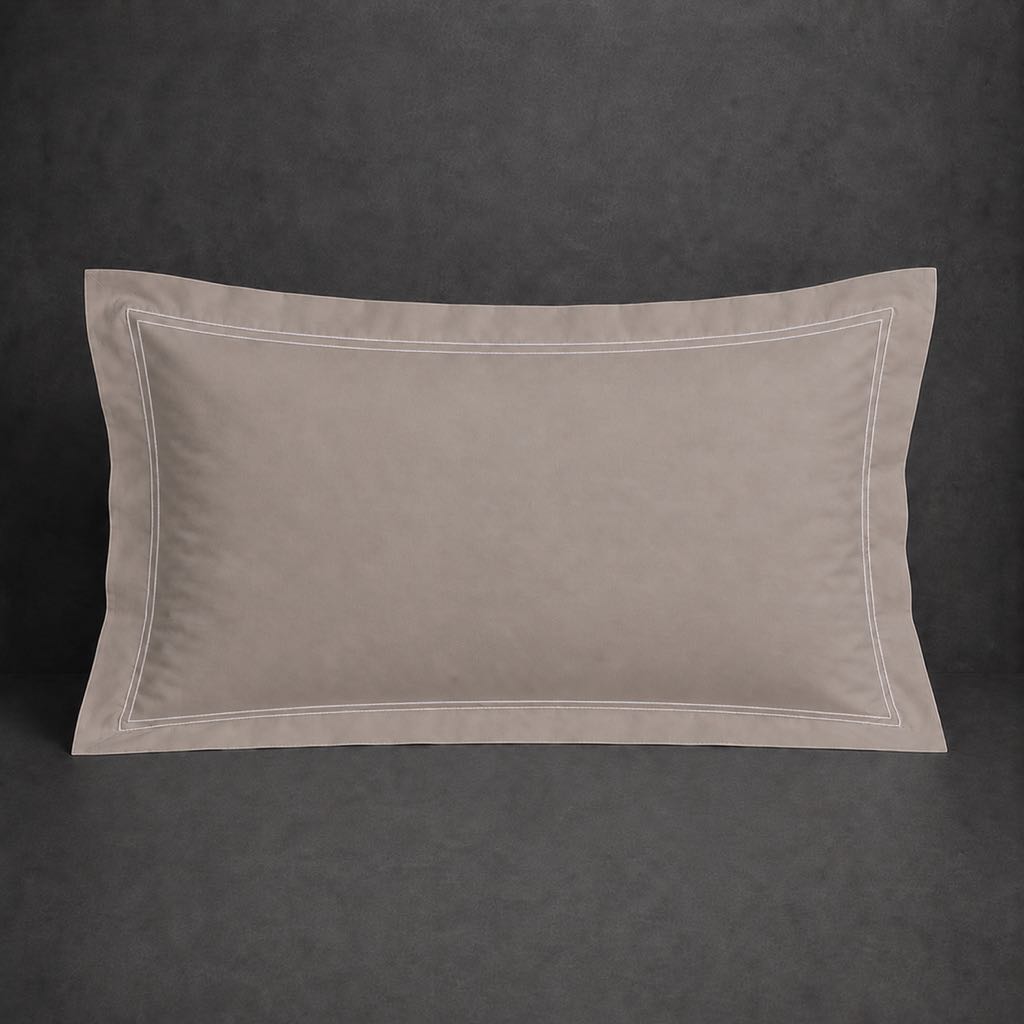 Stone 100% cotton percale 200TC Oxford pillow case, Standard and King, white two row satin stitch — front view.