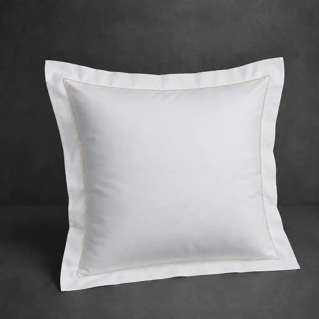 White 100% cotton percale 200TC Oxford pillow case, Continental, stone one-row satin stitch — front view.