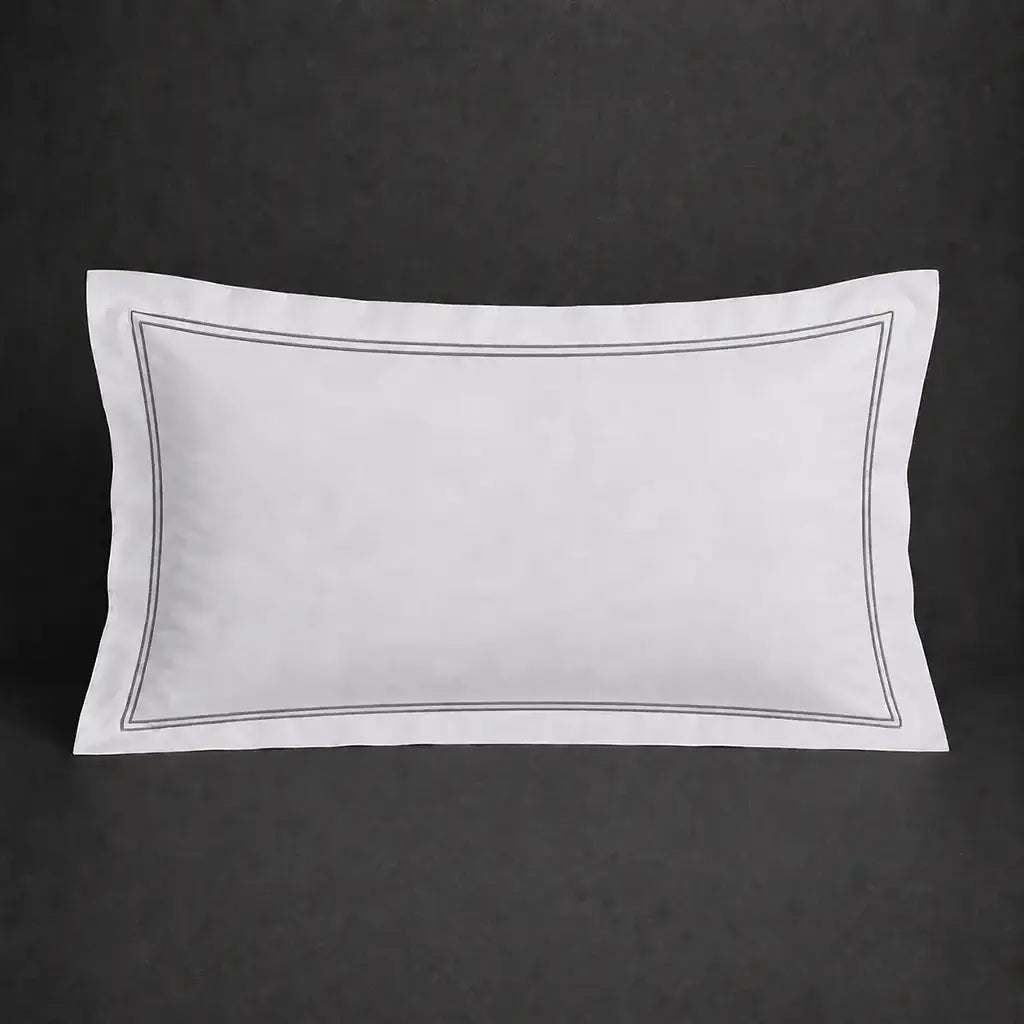 White 100% cotton percale 200TC Oxford pillow case, Standard and King, grey two-row satin stitch — front view.