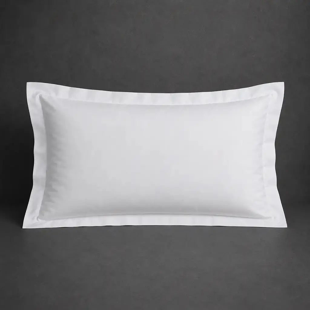 White 100% cotton percale 200TC Oxford pillow case, Standard and King, no satin stitch — front view.