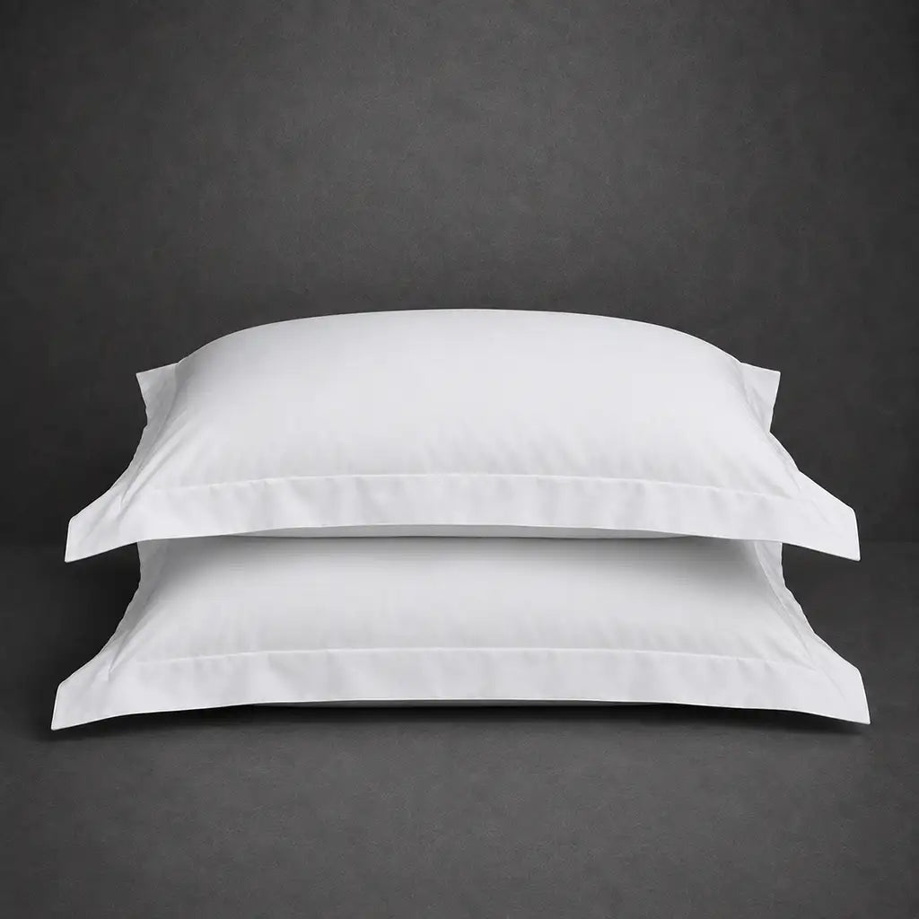 White 100% cotton percale 200TC Oxford pillow case, Standard and King, no satin stitch — stacked pair view.