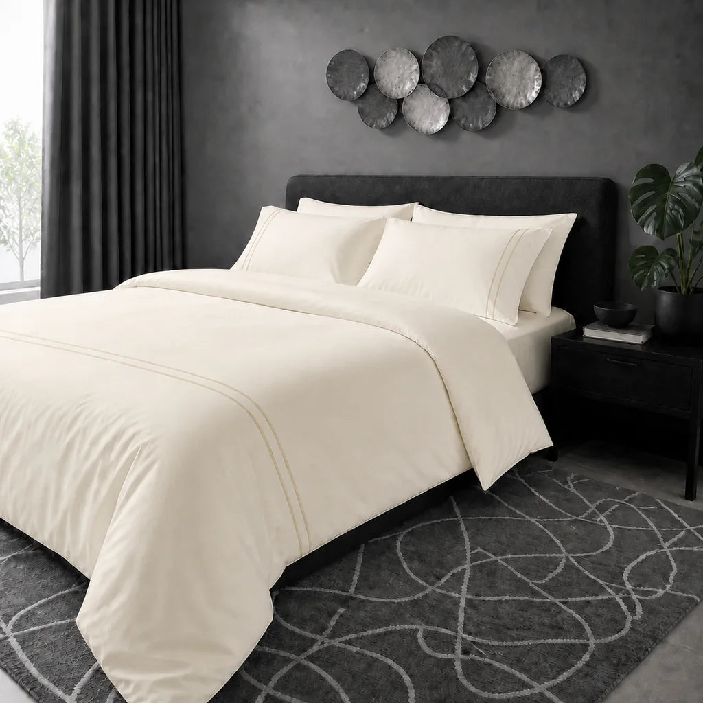 Cream 200TC cotton percale plain duvet cover set with Cream two row satin stitch - hero - Linen and Co