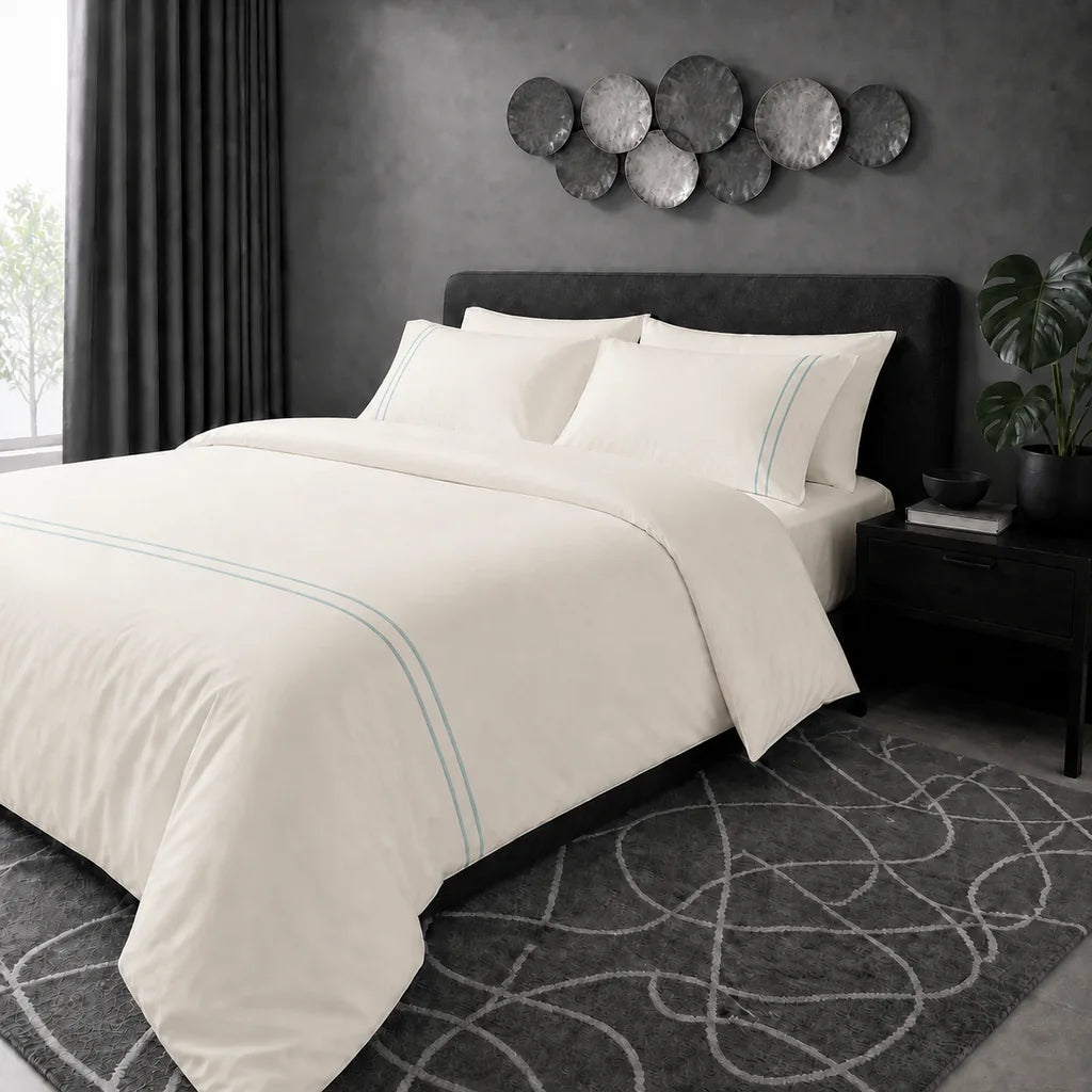 Cream 200TC cotton percale plain duvet cover set with Duck Egg two row satin stitch - hero - Linen and Co