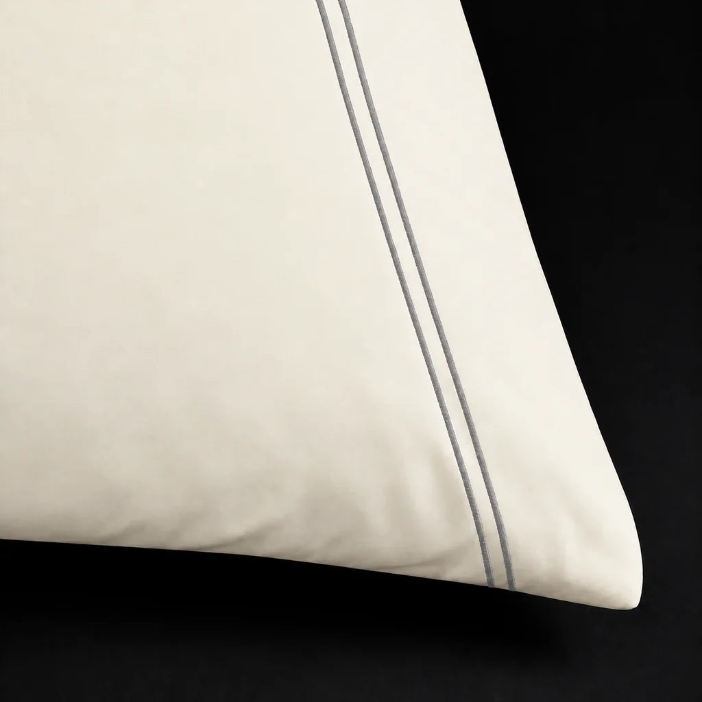 Cream 200TC cotton percale plain duvet cover set with Grey two row satin stitch - satin stitch close-up - Linen and Co