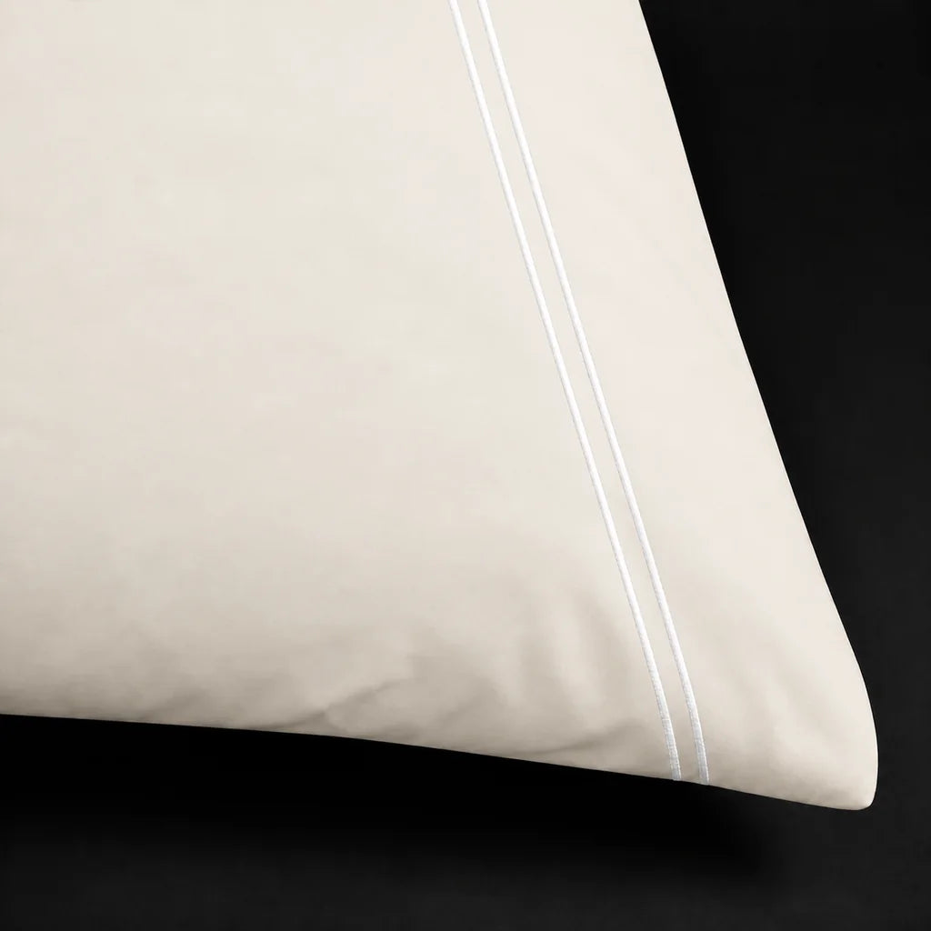 Cream 200TC cotton percale plain duvet cover set with White two row satin stitch - satin stitch close-up - Linen and Co