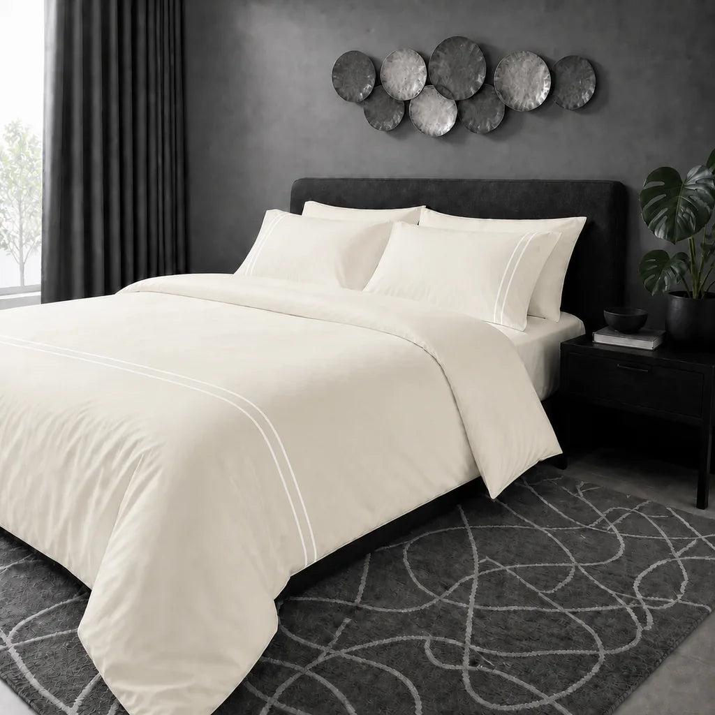 Cream 200TC cotton percale plain duvet cover set with White two row satin stitch - hero - Linen and Co