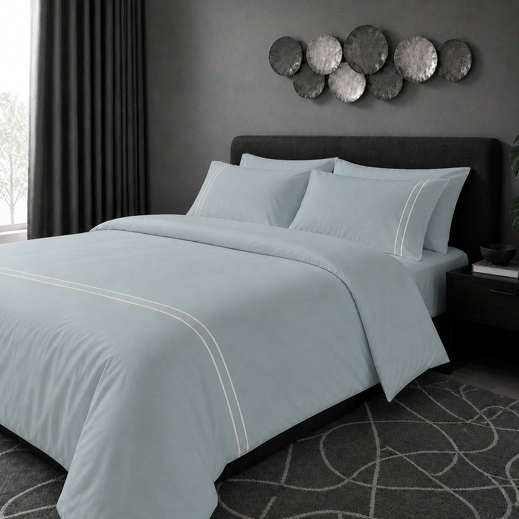 Duck Egg 200TC cotton percale plain duvet cover set with Cream two row satin stitch - hero - Linen and Co
