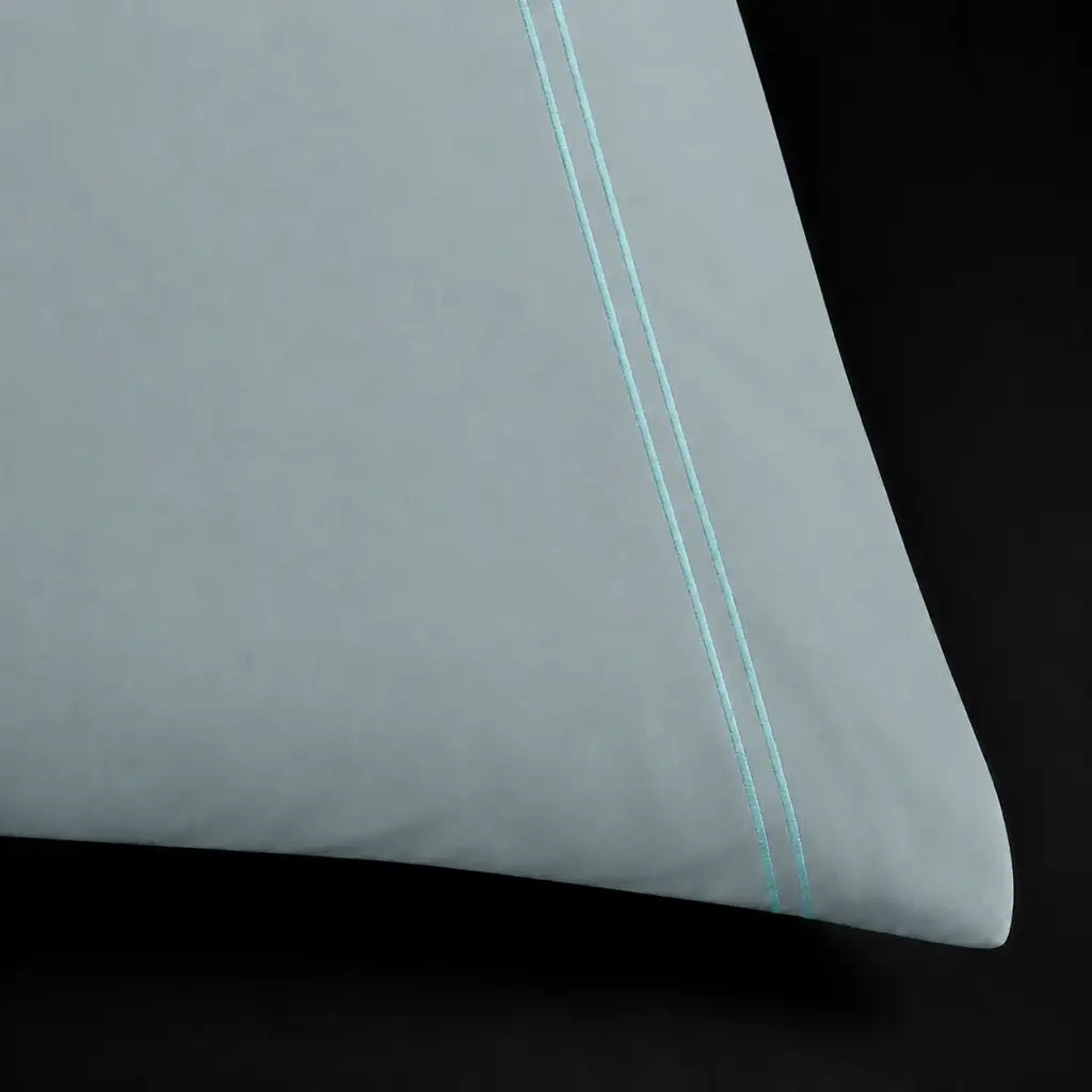 Duck Egg 200TC cotton percale plain duvet cover set with Duck Egg two row satin stitch - close-up - Linen and Co