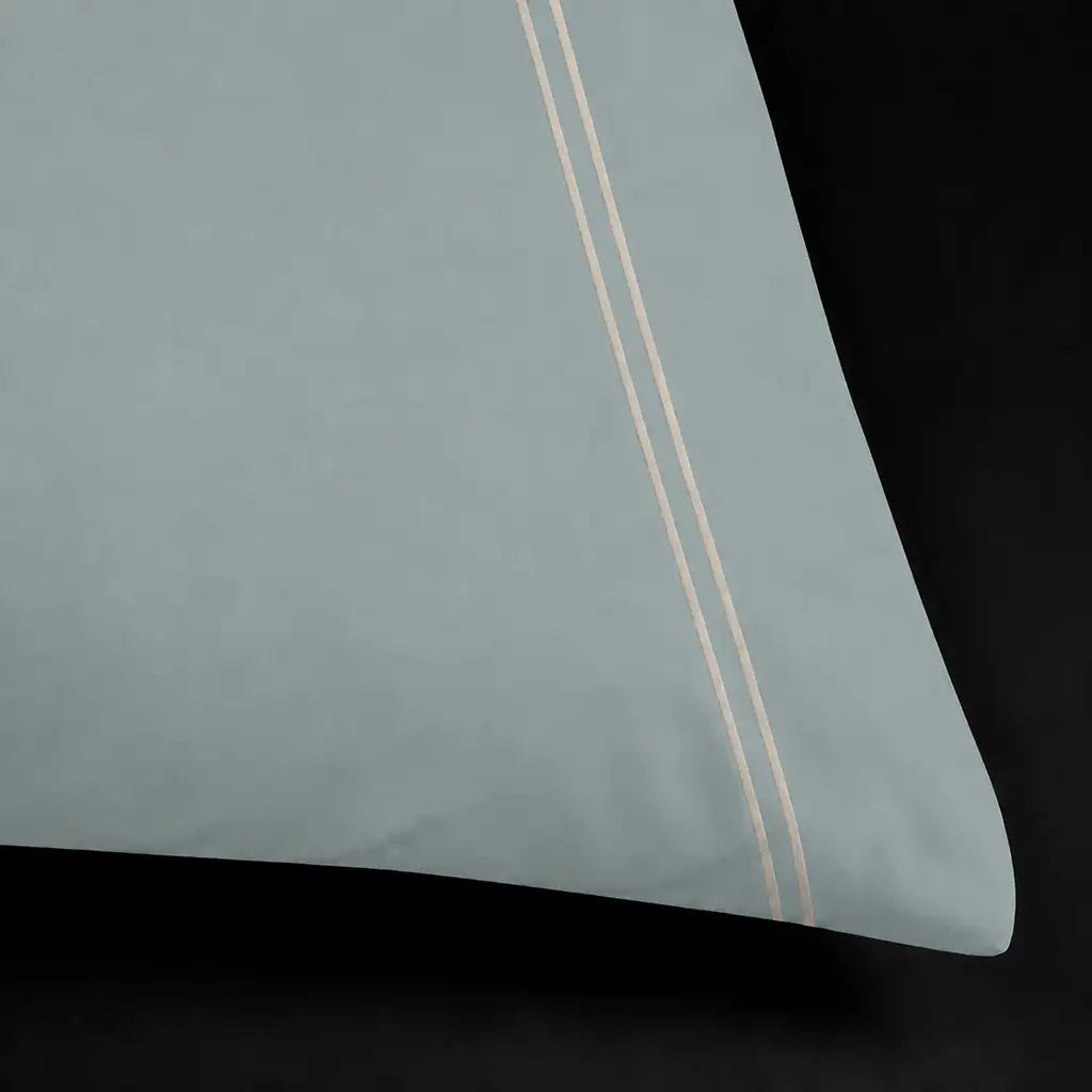 Duck Egg 200TC cotton percale plain duvet cover set with Stone two row satin stitch - close-up - Linen and Co