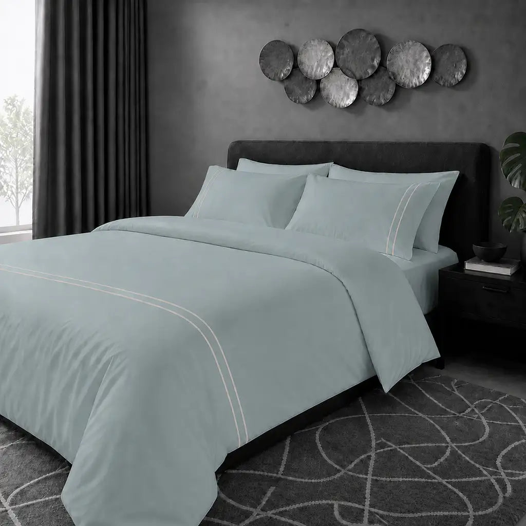 Duck Egg 200TC cotton percale plain duvet cover set with stone two row satin stitch - pillow on bed - Linen and Co
