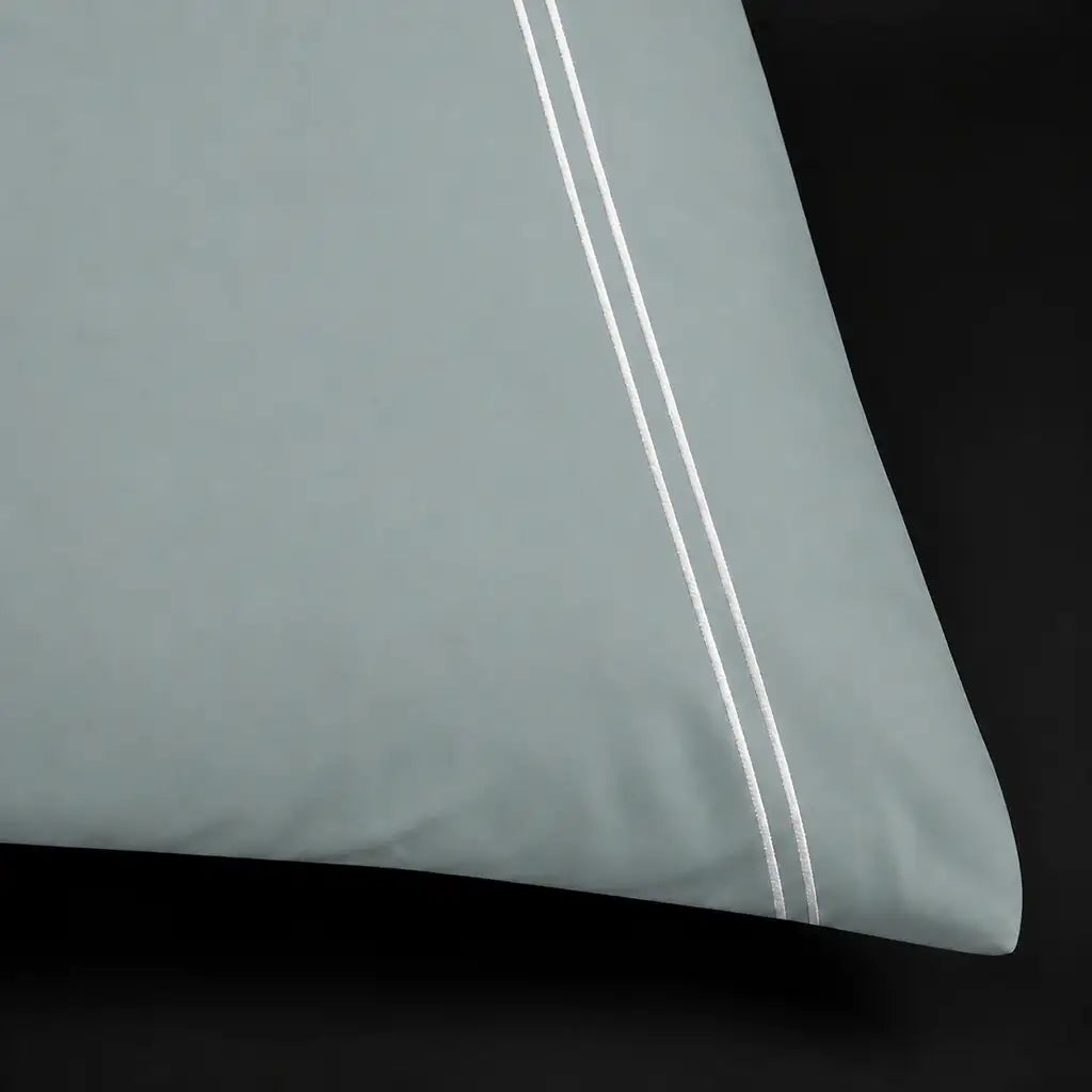 Duck Egg 200TC cotton percale plain duvet cover set with White two row satin stitch - close-up - Linen and Co
