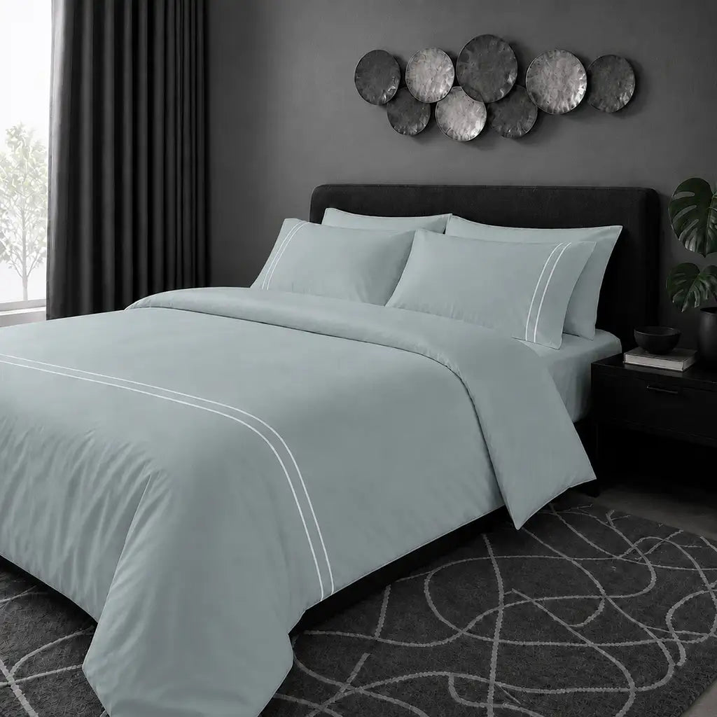 Duck Egg 200TC cotton percale plain duvet cover set with White two row satin stitch - hero - Linen and Co