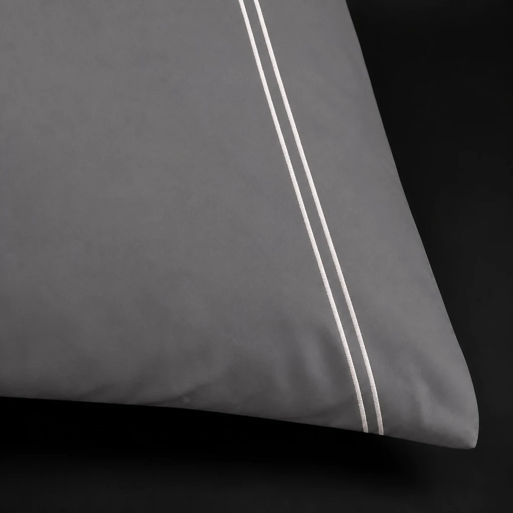 Grey 200TC cotton percale plain duvet cover set with Cream two row satin stitch - close-up - Linen and Co