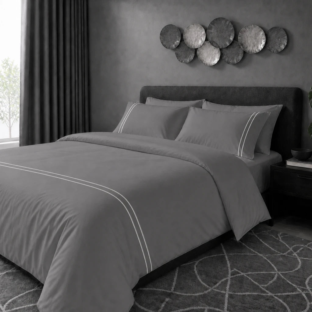 Grey 200TC cotton percale plain duvet cover set with Cream two row satin stitch - hero - Linen and Co