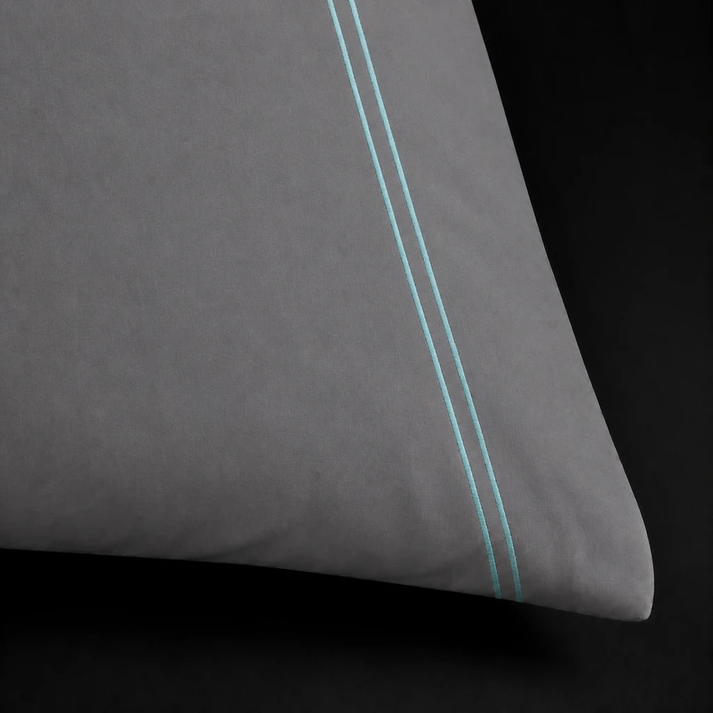Grey 200TC cotton percale plain duvet cover set with Duck Egg two row satin stitch - close-up - Linen and Co