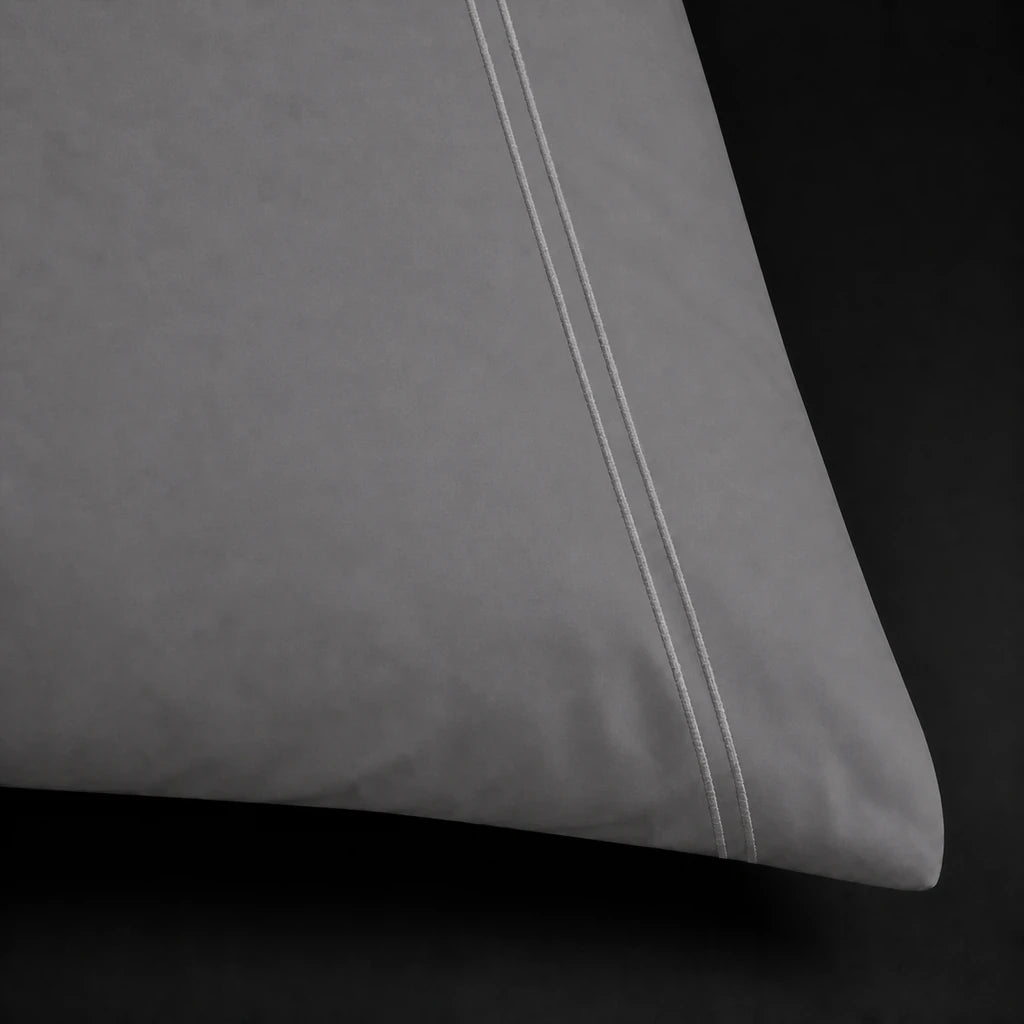 Grey 200TC cotton percale plain duvet cover set with Grey two row satin stitch - close-up - Linen and Co