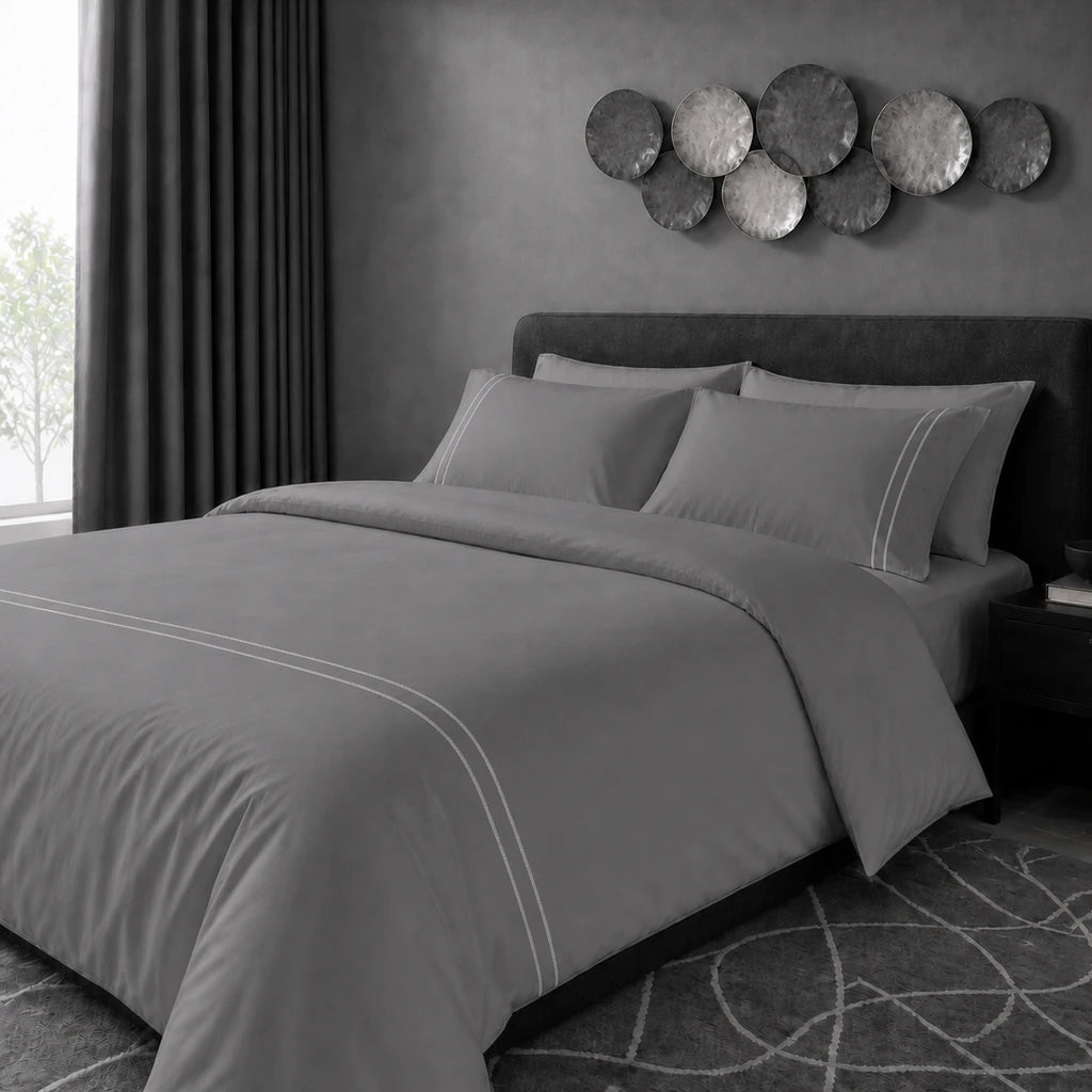 Grey 200TC cotton percale plain duvet cover set with Grey two row satin stitch - hero - Linen and Co