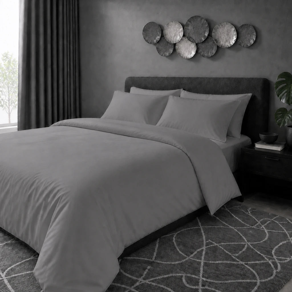 Grey 200TC cotton percale plain duvet cover set with no satin stitch - hero - Linen and Co