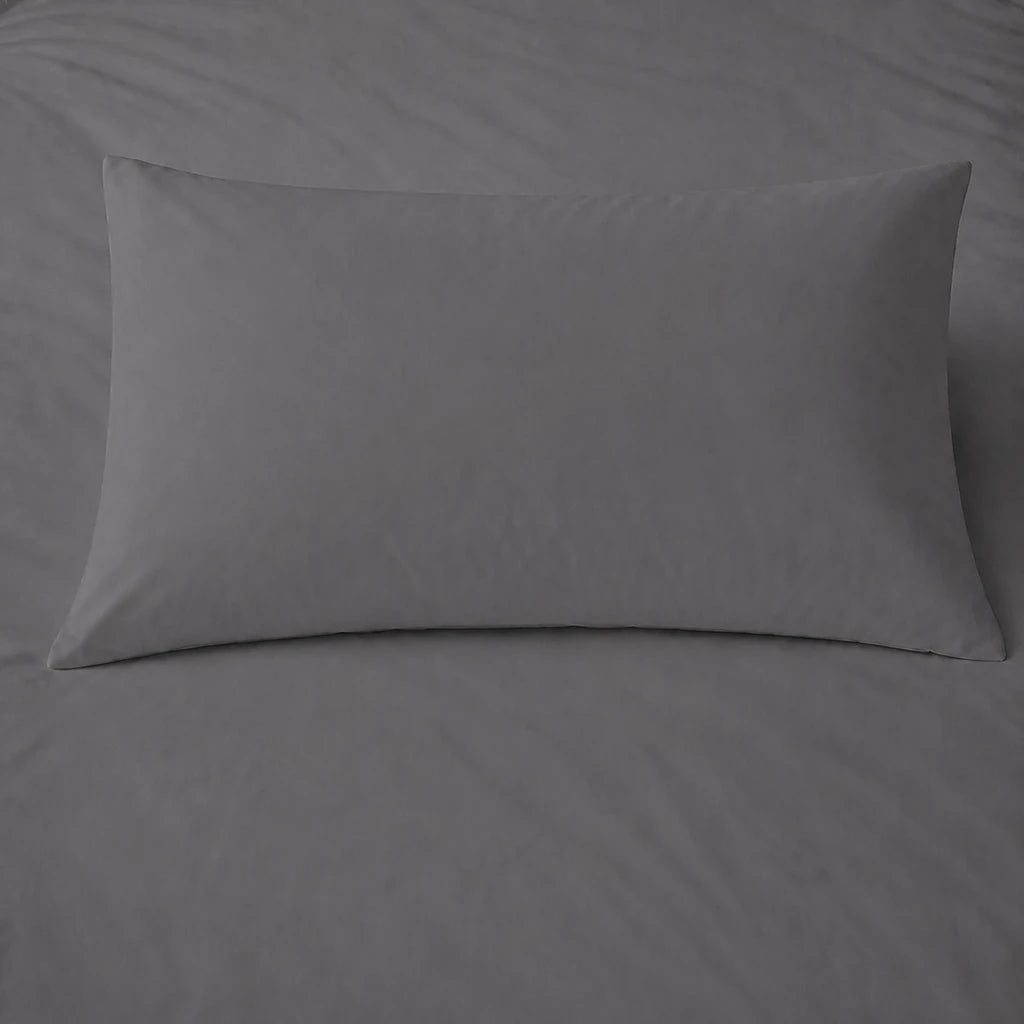 Grey 200TC cotton percale plain duvet cover set with no satin stitch - pillow on bed - Linen and Co