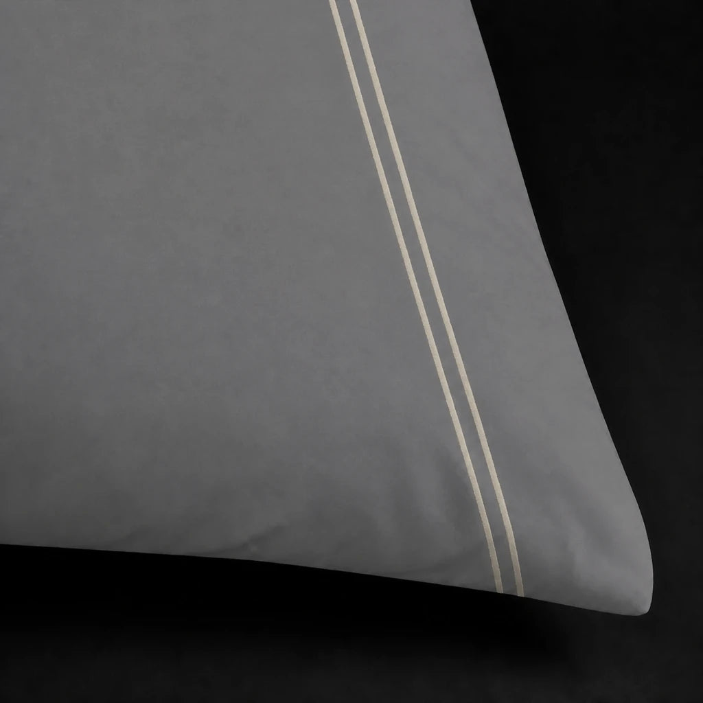 Grey 200TC cotton percale plain duvet cover set with Stone two row satin stitch - close-up - Linen and Co