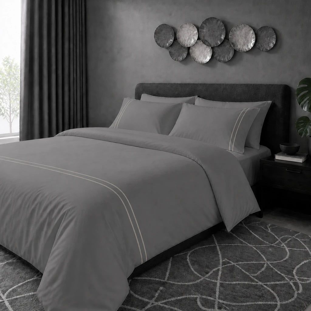 Grey 200TC cotton percale plain duvet cover set with Stone two row satin stitch - hero - Linen and Co