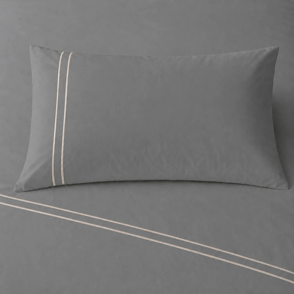 Grey 200TC cotton percale plain duvet cover set with Stone two row satin stitch - pillow on bed - Linen and Co