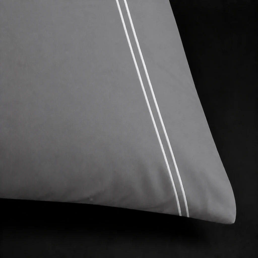 Grey 200TC cotton percale plain duvet cover set with White two row satin stitch - close-up - Linen and Co