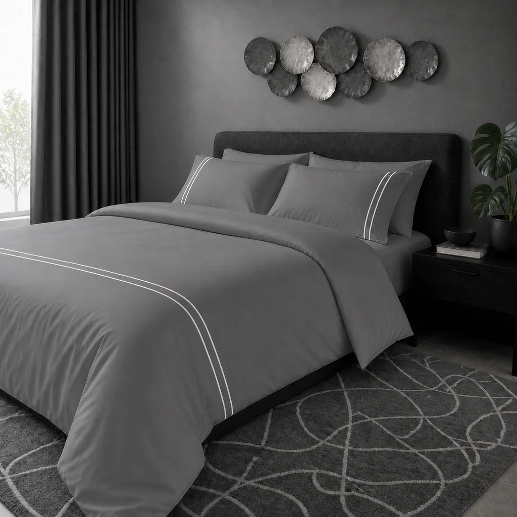 Grey 200TC cotton percale plain duvet cover set with White two row satin stitch - hero - Linen and Co