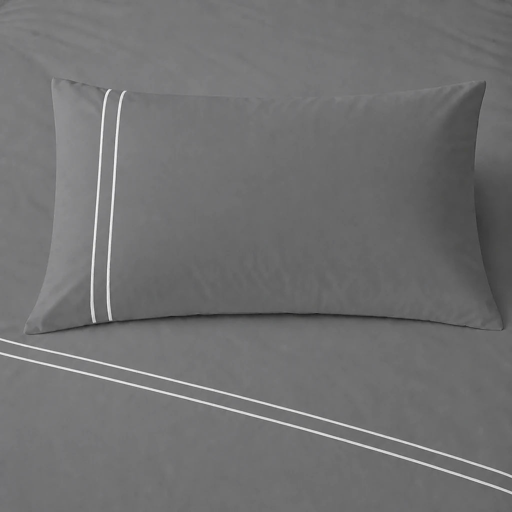 Grey 200TC cotton percale plain duvet cover set with White two row satin stitch - pillow on bed - Linen and Co