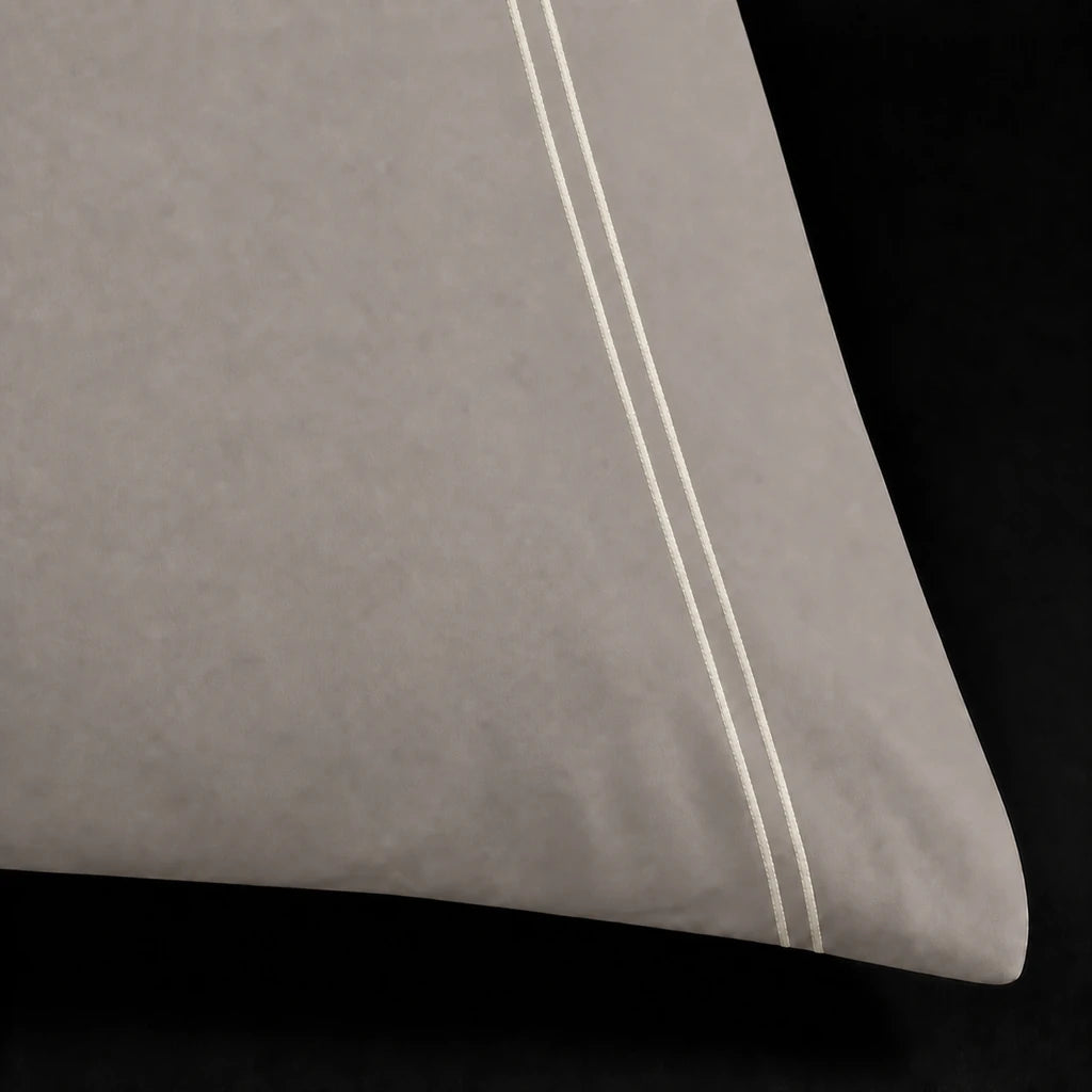 Stone 200TC cotton percale plain duvet cover set with Cream two row satin stitch - close-up - Linen and Co