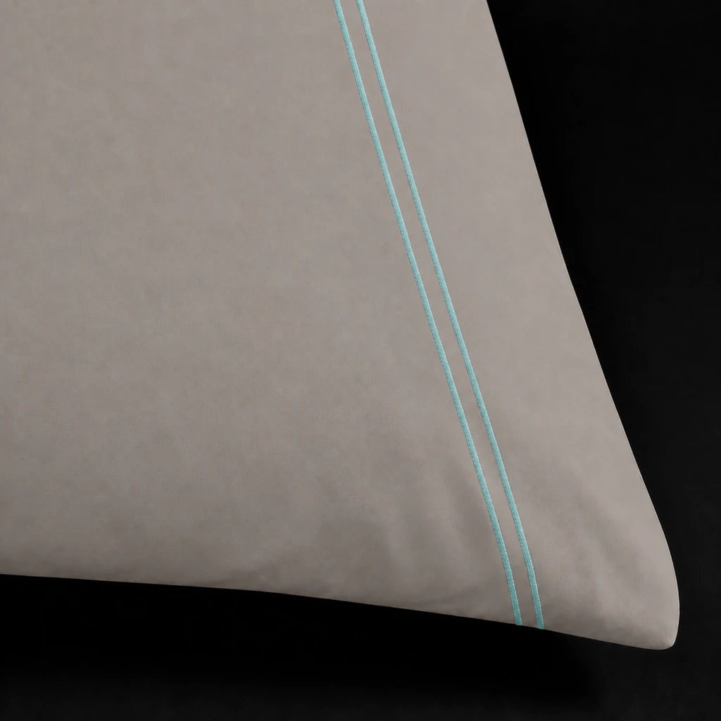 Stone 200TC cotton percale plain duvet cover set with Duck Egg two row satin stitch - close-up - Linen and Co