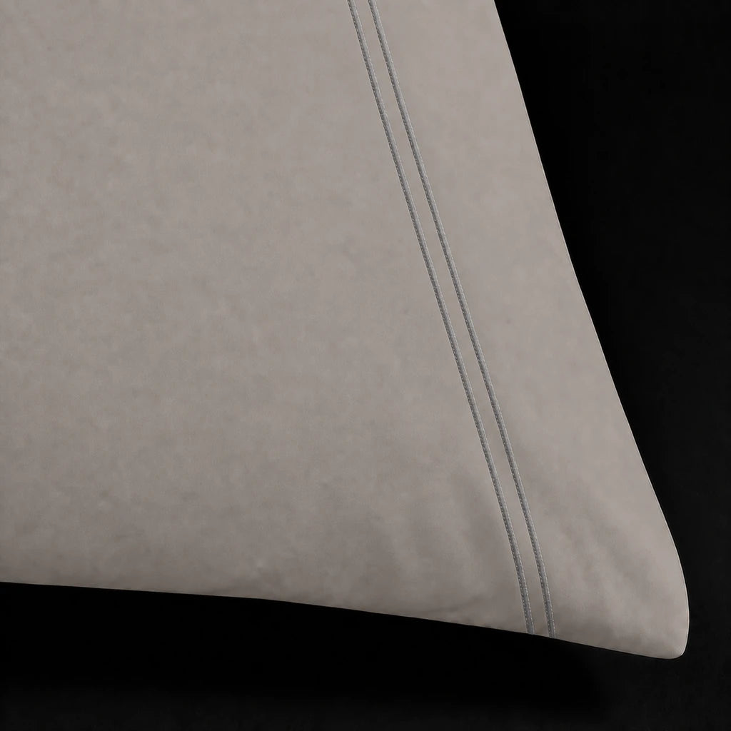 Stone 200TC cotton percale plain duvet cover set with Grey two row satin stitch - close-up - Linen and Co