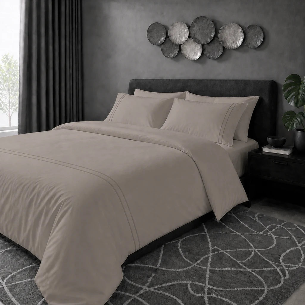 Stone 200TC cotton percale plain duvet cover set with Grey two row satin stitch - hero - Linen and Co