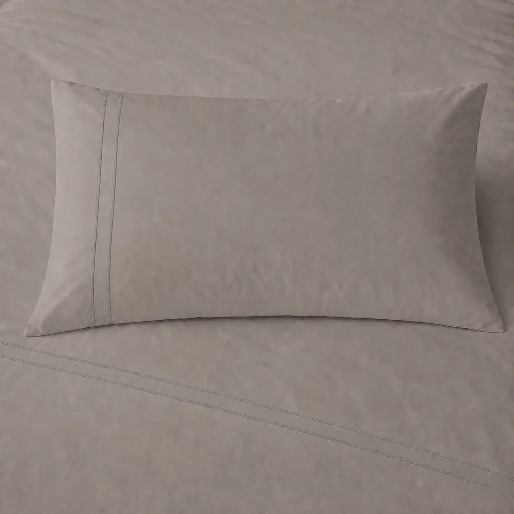 Stone 200TC cotton percale plain duvet cover set with Grey two row satin stitch - pillow on bed - Linen and Co