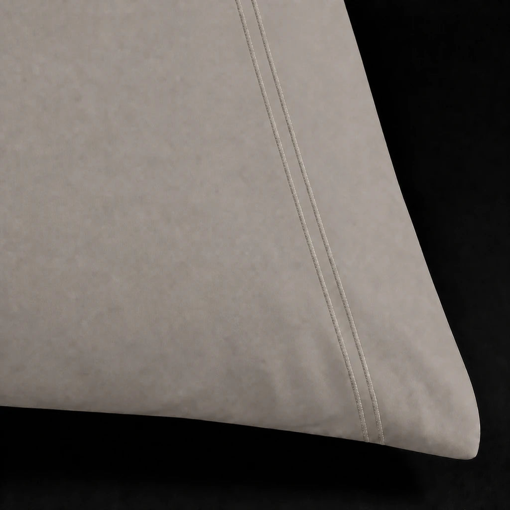 Stone 200TC cotton percale plain duvet cover set with Stone two row satin stitch - close-up - Linen and Co