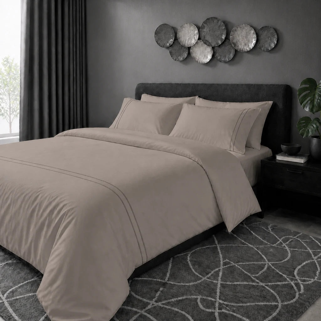 Stone 200TC cotton percale plain duvet cover set with Stone two row satin stitch - hero - Linen and Co