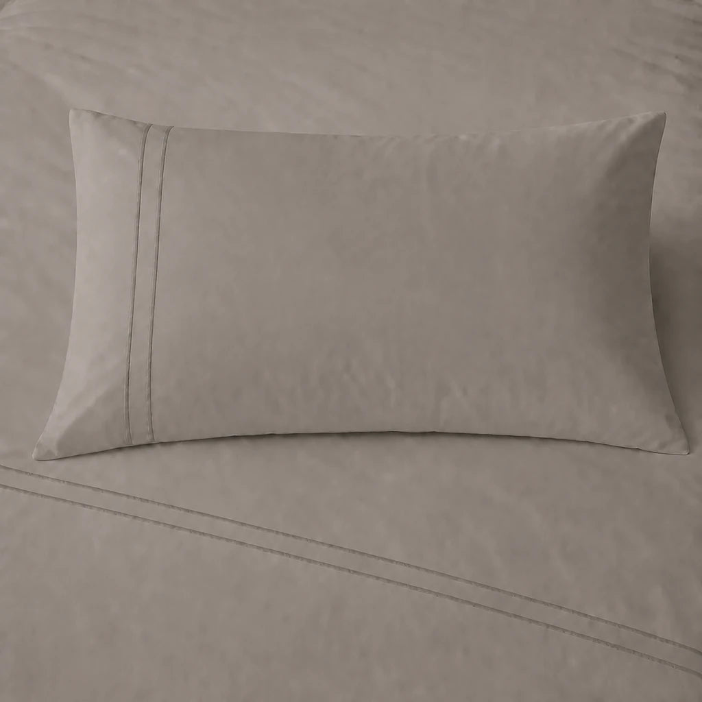 Stone 200TC cotton percale plain duvet cover set with Stone two row satin stitch - pillow on bed - Linen and Co